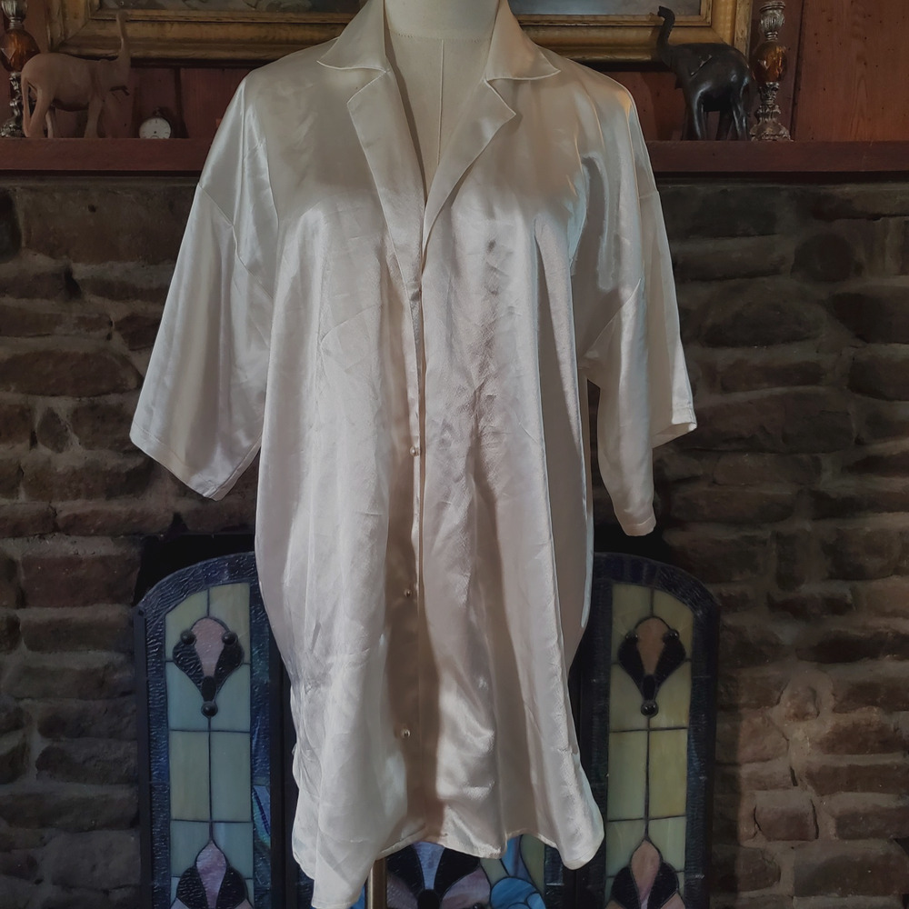 90's Vintage Victorias Secret White Button Robe Nightgown Satin Gold Label M / L